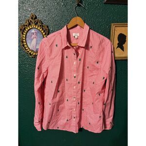 J Crew Shirt Womens Large Christmas Tree Pinstripe Long Sleeve Button Up